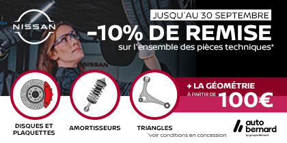 Du 1er au 30 septembre chez Nissan : -10% sur les pi&egrave;ces techniques et  la g&eacute;om&eacute;trie &agrave; partir de 100&euro;